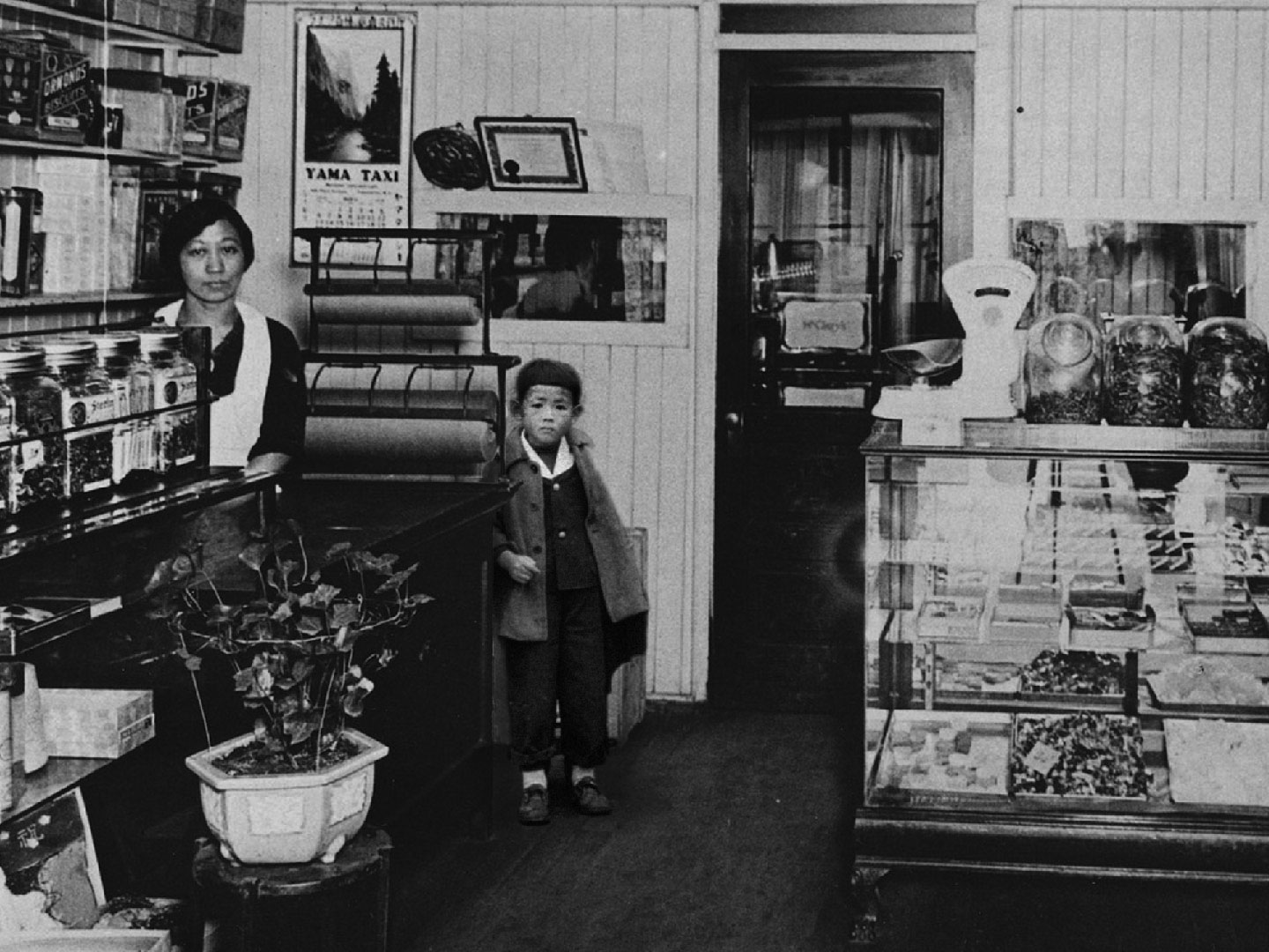 Black and white photo of Japanese shop